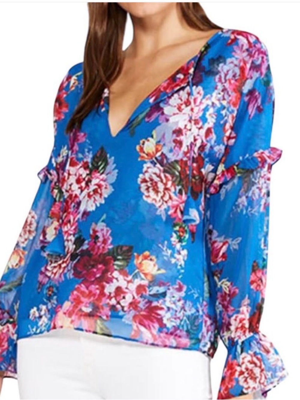 Misa Blue Floral V-Neck Ruffle Sleeve Women's Top